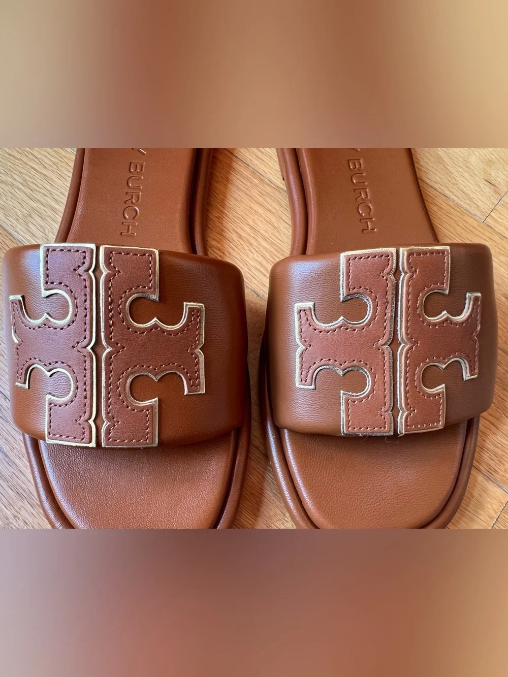 Tory Burch Tan Miele & Gold Leather Double T Sport Slide Sandals